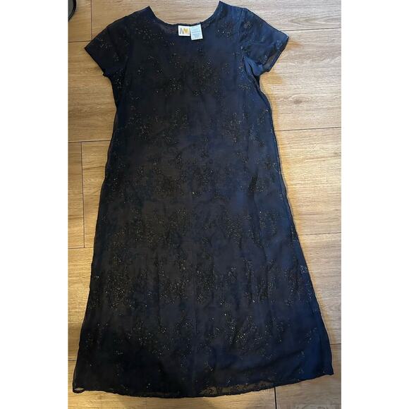 Vintage Dress Navy Black Shimmer floral Sheer Midi Size 14 1/2 Whimsy Fairy Goth - Picture 2 of 8